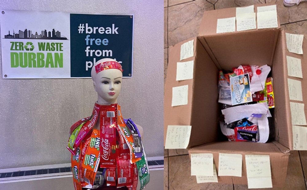 Mannequin dressed in Coca-cola plastics and Box of plastic sent to Coca-cola